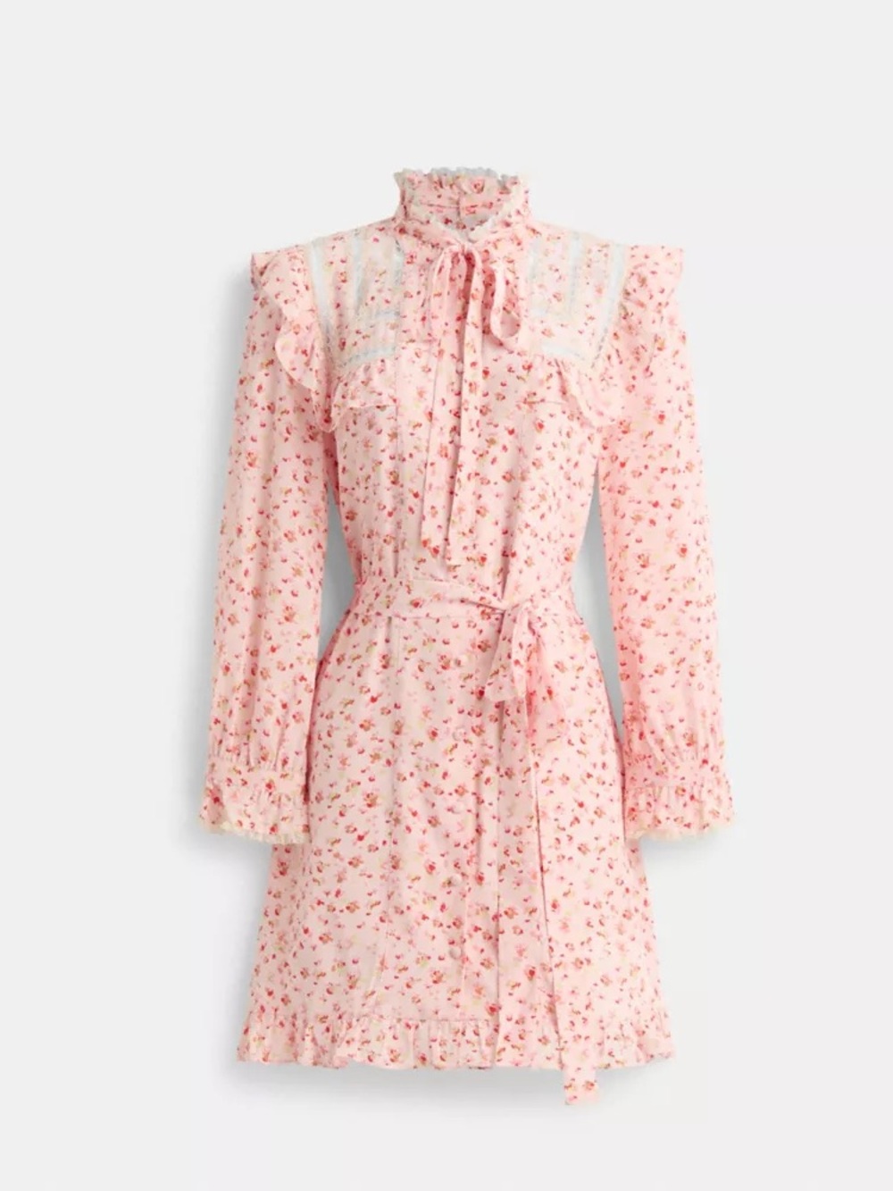 Coach New Silk Pink Floral Ruffle-Neck Tie-Waist Dress